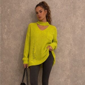 Sweet & Sinful Neon Green Distressed Knit Sweater XL  Cutout Oversized Pullover